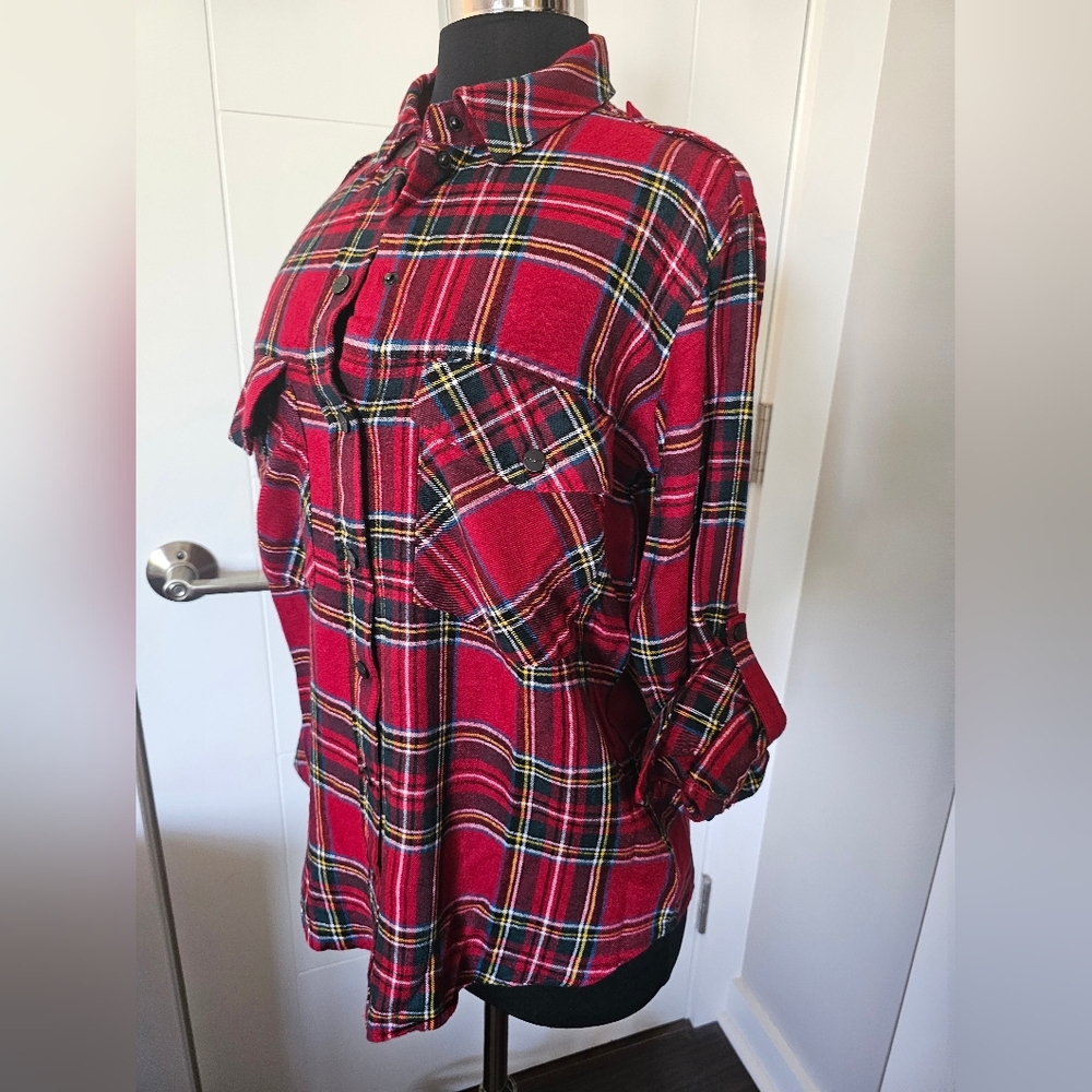 Sanctuary Women's Red Plaid Button Down Shirt With Pocket, S